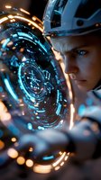 Young Caucasian person in futuristic helmet looking at glowing holographic interface with circular HUD elements and data visualization in blue and orange colors against dark background.