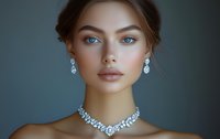 Young woman with flawless makeup wearing luxury diamond necklace and earrings against teal background. Professional beauty portrait with soft lighting and elegant jewelry styling.