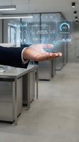 Businessman hand displaying holographic workflow optimization dashboard with efficiency metrics and data analytics in modern office environment.