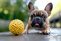 Playful French Bulldog puppy with wet muzzle looking at yellow ball toy on wooden surface, outdoor summer pet photography with bokeh background.