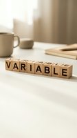 Wooden letter blocks spelling VARIABLE on white desk with coffee cup and notebook in soft natural light for business and education concepts.