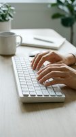 Hands typing on white keyboard at wooden desk with coffee mug and notebook in bright home office workspace for remote work and productivity.