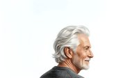 Elderly man with white hair and facial hair in profile, wearing dark clothing, isolated on white background for design and commercial use.