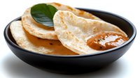Homemade crepes with orange jam and fresh mint leaf served in black bowl on white background, ready for breakfast menu design and culinary projects.