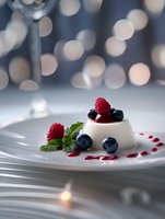 Creamy panna cotta dessert topped with fresh raspberries and blueberries on white plate, garnished with mint leaves and berry sauce, bokeh lights background.