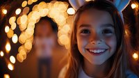 Young Hispanic girl with bright smile illuminated by warm bokeh lights creating magical holiday atmosphere, close-up portrait with soft evening glow.