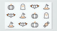 Halloween icons set with pumpkins, ghosts, bats and witch hats in minimalist line art style on white background. Perfect for seasonal designs and decorations.
