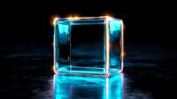 Glowing neon blue cube with orange light edges on dark reflective surface creates futuristic sci-fi atmosphere. Modern minimalist composition for technology concepts.