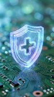 Digital healthcare security shield with medical cross symbol on circuit board representing cybersecurity protection for health data and medical technology systems.