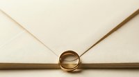 Wedding ring on invitation envelope with gold band and elegant cream paper for marriage announcement and celebration design.