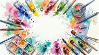 Watercolor paints, brushes and palette arranged in circle on white background with colorful splashes and drips for art, design and creative projects.