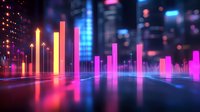Glowing neon bar graph visualization with orange and pink columns rising from reflective surface against blurred city background with bokeh lights and digital effects.