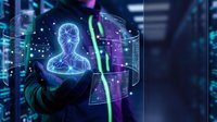 Glowing neon holographic human head displayed in futuristic digital interface with data visualization and network connections for technology and artificial intelligence concepts.