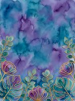 Watercolor background in teal and purple tones with gold outline floral border, featuring flowers and tropical leaves for cards and prints.
