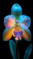 Vibrant rainbow-colored orchid bloom against dark background showcasing delicate petals with blue, pink, and orange hues perfect for nature photography, floral art, and botanical designs.