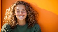 Young woman with curly blonde hair smiling warmly against vibrant orange background. Casual green sweater, natural makeup, positive expression for lifestyle content.