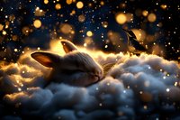 Dreamy bunny sleeping on fluffy clouds at night with glowing magical bokeh lights and flying birds against starry dark sky background. Fantasy art concept.
