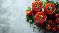 Fresh tomato gazpacho soup garnished with herbs in glass cups, surrounded by ripe cherry tomatoes and parsley on gray concrete background.