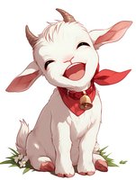 Cheerful baby goat with red bandana and bell laughing while sitting in grass with small flowers. White fur and pink ears create adorable farm animal character.
