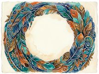 Watercolor boho feather wreath frame with teal, blue, and orange ornamental details, circular border with empty center for text or design.