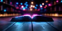 Open book with glowing magical light emerging from pages against dark background with colorful bokeh lights, creating mystical atmosphere on wooden surface.