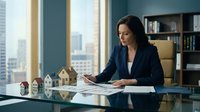Woman architect or real estate professional reviewing building models and blueprints at modern office desk with city skyline view through windows.