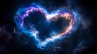 Cosmic heart-shaped nebula with vibrant blue and purple gas clouds against starry space background for romantic astronomy designs.