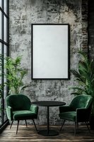 Modern industrial interior with blank frame mockup on concrete wall, green velvet chairs and tropical plants for contemporary office design.
