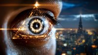 Mystical eye with golden light rays over night cityscape, combining human vision with urban landscape in surreal artistic composition. Spiritual concept.