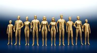 Golden mannequin figures standing in row representing diverse group of people for business teamwork and unity concepts.