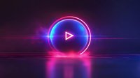 Glowing neon play button with pink and blue light effects on dark background, circular media player symbol with reflection and lens flare for streaming content.