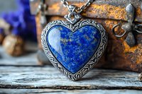 Vintage silver heart pendant with natural lapis lazuli gemstone on antique wooden surface. Celtic ornamental frame and chain create romantic jewelry piece.