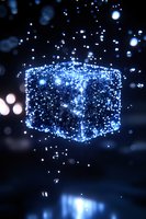Glowing blue cube surrounded by sparkling particles floating in dark space with light reflection on glossy surface, creating magical atmosphere.