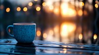 Blue ceramic coffee cup on wet wooden surface against blurred bokeh lights and sunset background, creating cozy atmospheric mood for relaxation moments.