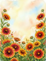 Watercolor gaillardia blanket flowers frame with vibrant red and yellow blooms, green leaves, and soft pastel sky background with copy space.