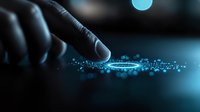 Finger touching glowing digital particles creating futuristic connection effect against dark background with blue technology concept lighting.