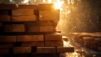 Stacked wooden planks illuminated by golden sunlight with floating dust particles creating atmospheric bokeh effect in construction or carpentry setting.