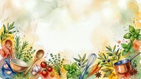Watercolor kitchen ingredients and cooking utensils arranged on cream background with fresh vegetables, herbs, and cookware for culinary design projects.
