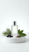 Clear glass perfume bottle with silver cap surrounded by natural botanicals including pine branch, bay leaves and berries on white platform.