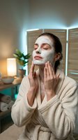 Young woman applying white clay facial mask in spa bathroom wearing beige bathrobe for skincare routine and wellness relaxation at home.