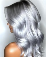 Side profile of a woman with luxurious silver-gray wavy hair styled in glamorous waves against white background, showcasing modern hair coloring technique and styling.
