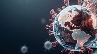 Global pandemic concept showing Earth with virus particles surrounding it, dark background with red glowing corona spikes, medical science visualization.