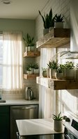 Modern kitchen with floating wooden shelves displaying potted green plants and succulents against white subway tile backsplash, natural light from window, contemporary home decor.
