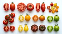 Colorful assortment of fresh tomato varieties including red, yellow, green and purple heirloom types with sliced halves showing interior patterns on white background.