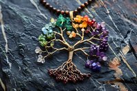 Handcrafted tree of life pendant with colorful gemstone leaves on copper wire branches, spiritual jewelry on dark slate background.
