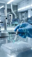 Scientist hand in blue glove holding pipette with digital network overlay in modern laboratory for biotechnology research and data analysis.