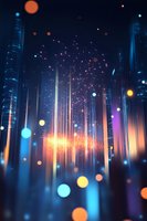 Glowing vertical light beams with floating bokeh particles against dark background create magical atmosphere. Bright orange and blue colors blend in futuristic abstract scene.