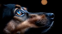 Close-up portrait of brown dog with striking bright blue eyes against dark background, dramatic lighting highlights facial features and fur texture in profile view.