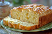 Freshly baked brioche bread loaf sliced on green plate showing soft yellow interior crumb structure with glossy golden brown crust, close up food photography.