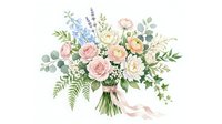 Watercolor wedding bouquet with pink roses, white flowers and eucalyptus leaves tied with ribbon on transparent background for bridal design projects.